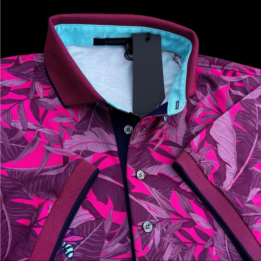 Greyson Golf Lost World Floral Print Short Sleeve Polo Shirt Hawkeye Medium $118
